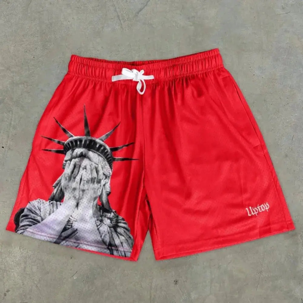 European and American men's summer Statue of Liberty print comfortable breathable drawstring shorts outdoor casual pants Eternal Bloom Co