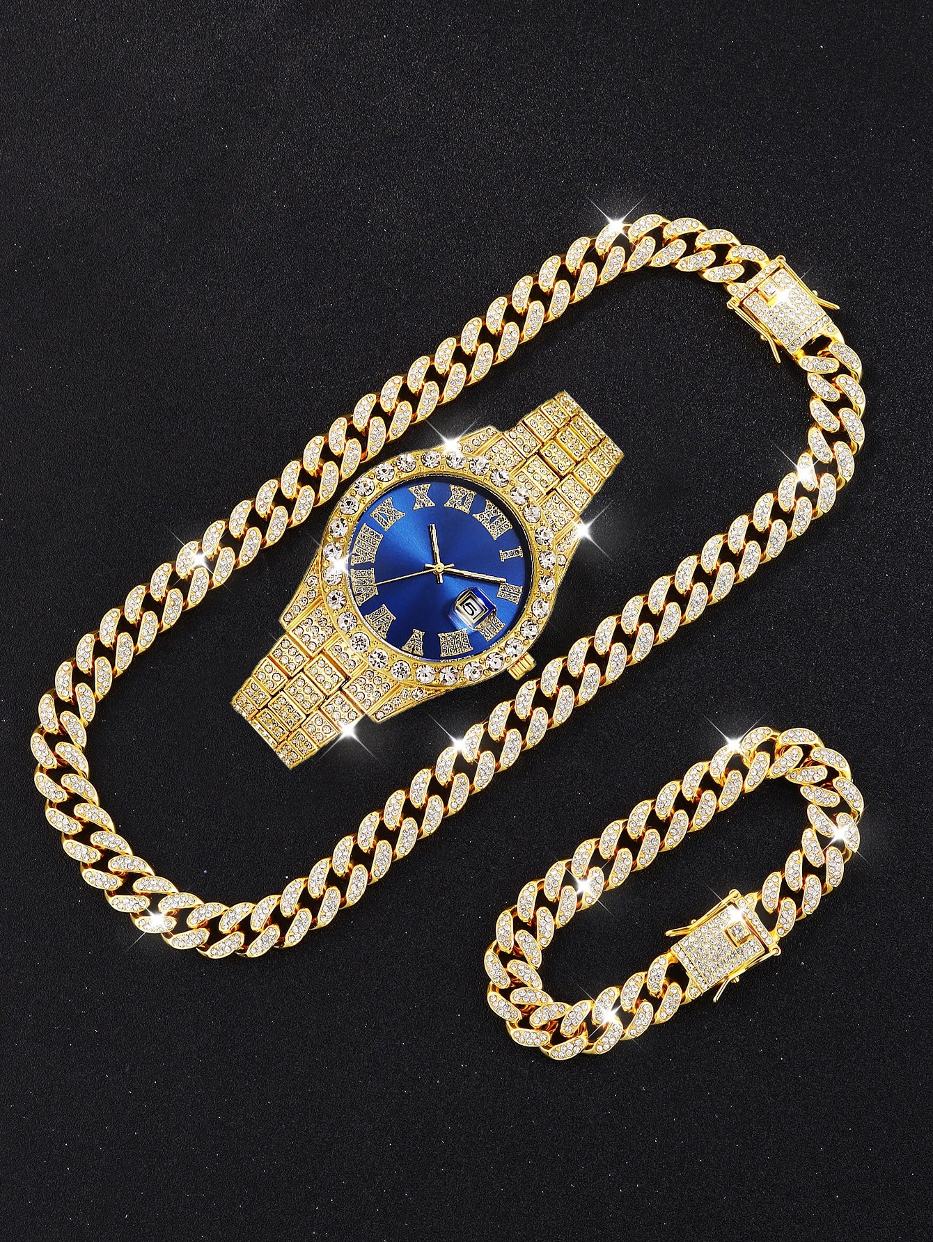 3PCS luxury alloy full diamond rhinestone mirror men's quartz watch with calendar and Hip Hop Cuban Necklace bracelet set Eternal Bloom Co