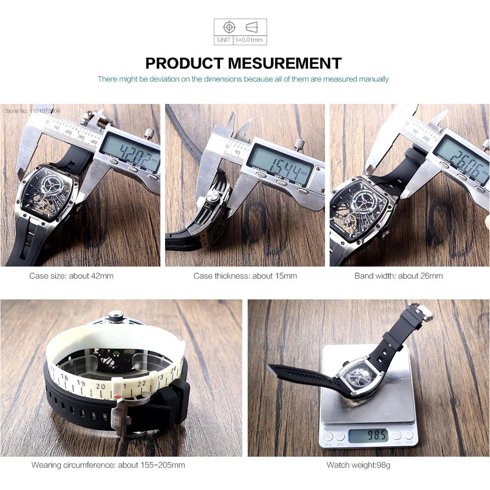 MINI FOCUS Men Wristwatch Fashion Black Waterproof Automatic Mechanical Watch with Luminous Hands Silicone Strap Tonneau Dial Eternal Bloom Co