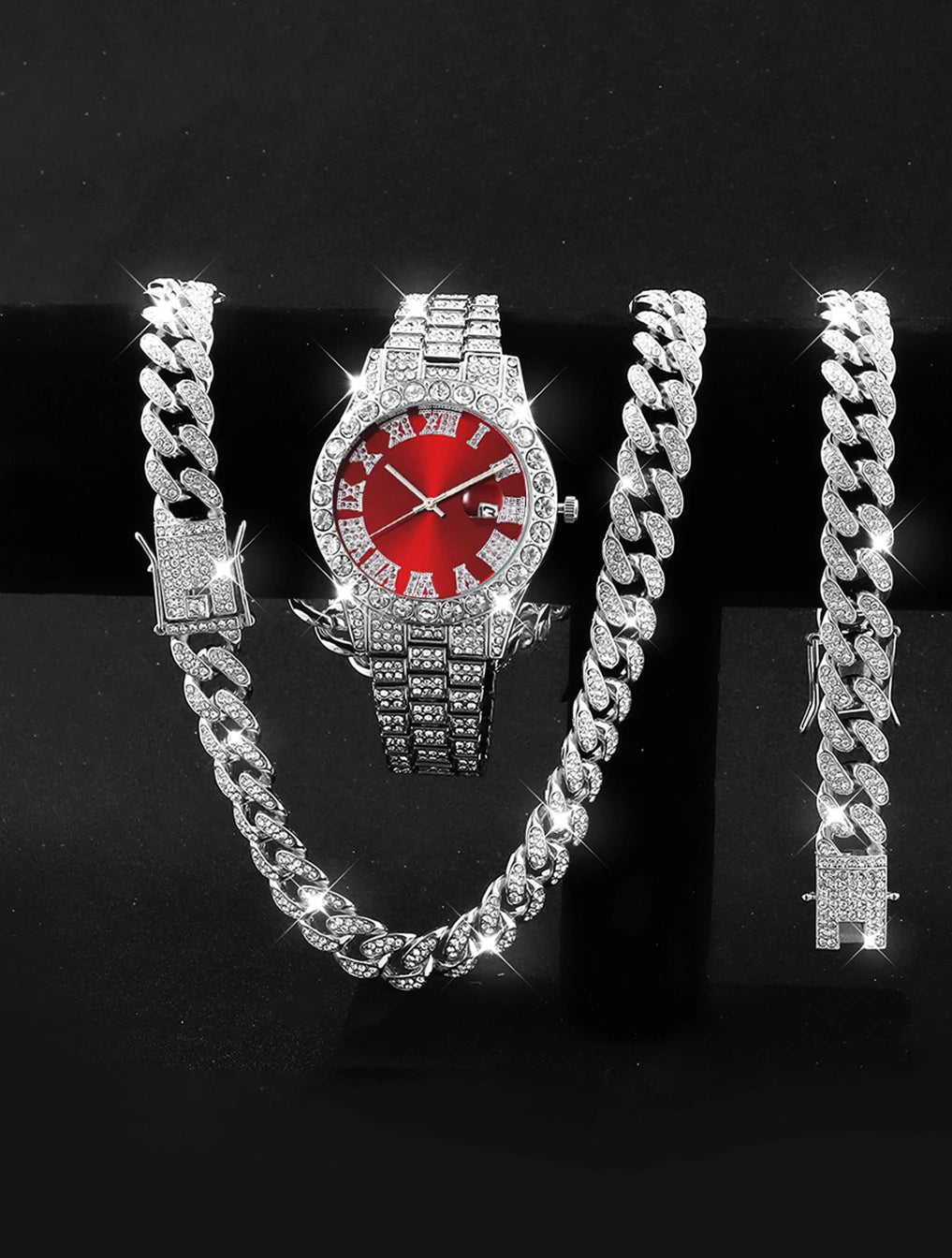 3PCS luxury alloy full diamond rhinestone mirror men's quartz watch with calendar and Hip Hop Cuban Necklace bracelet set Eternal Bloom Co