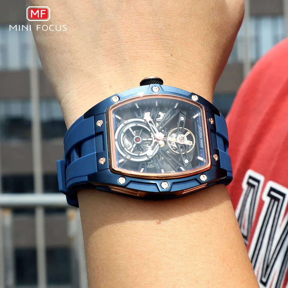 MINI FOCUS Men Wristwatch Fashion Black Waterproof Automatic Mechanical Watch with Luminous Hands Silicone Strap Tonneau Dial Eternal Bloom Co