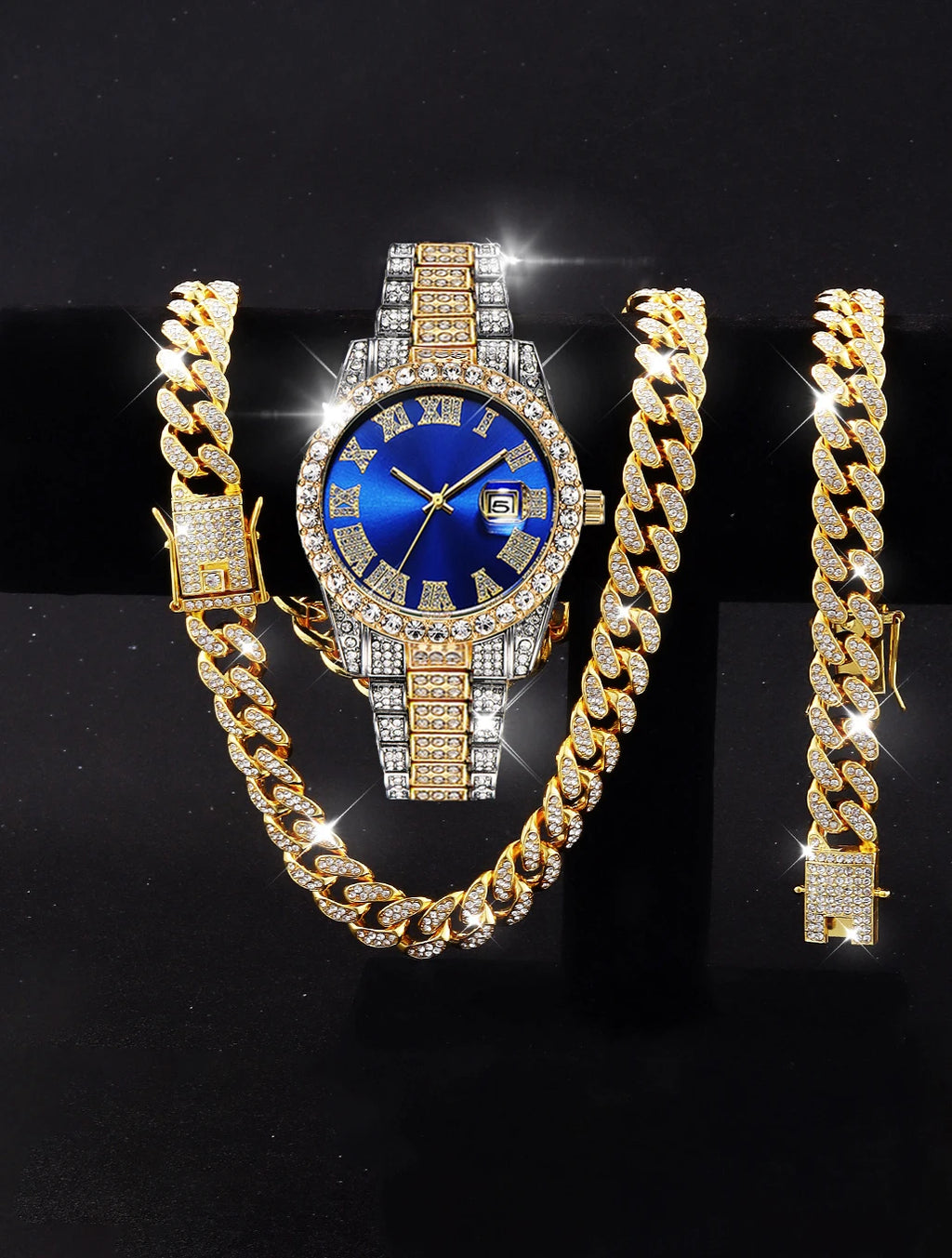 3PCS luxury alloy full diamond rhinestone mirror men's quartz watch with calendar and Hip Hop Cuban Necklace bracelet set Eternal Bloom Co