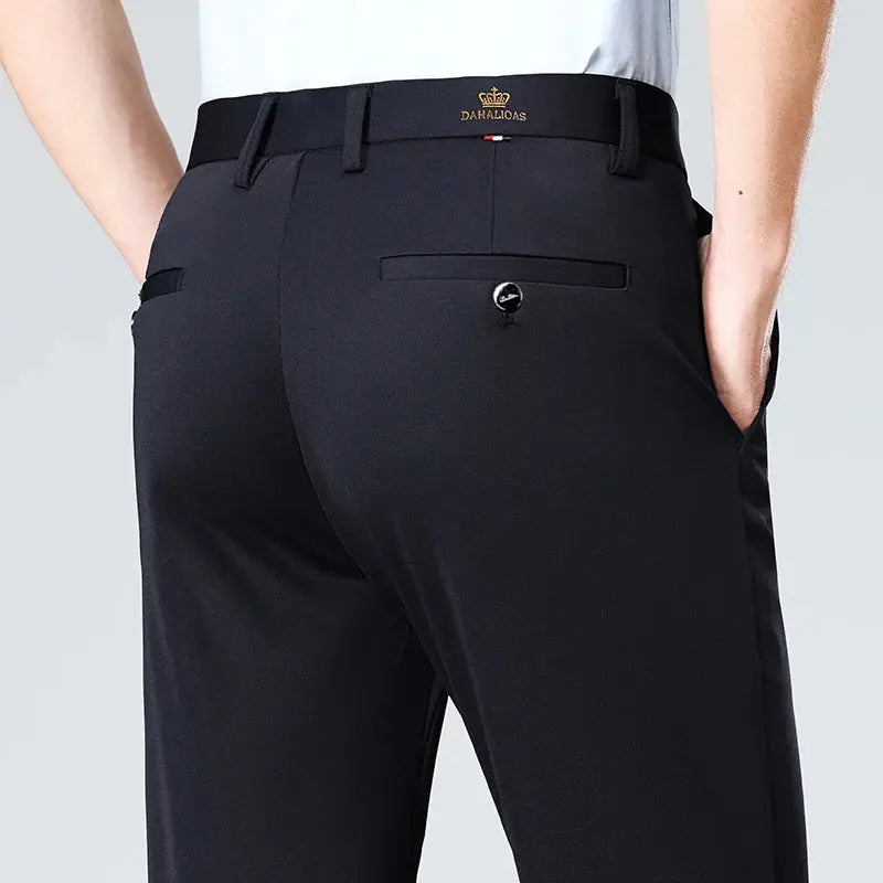 High-stretch fabric men's business trousers suitable for all seasons, featuring an elastic waistband and classic office/work for Eternal Bloom Co