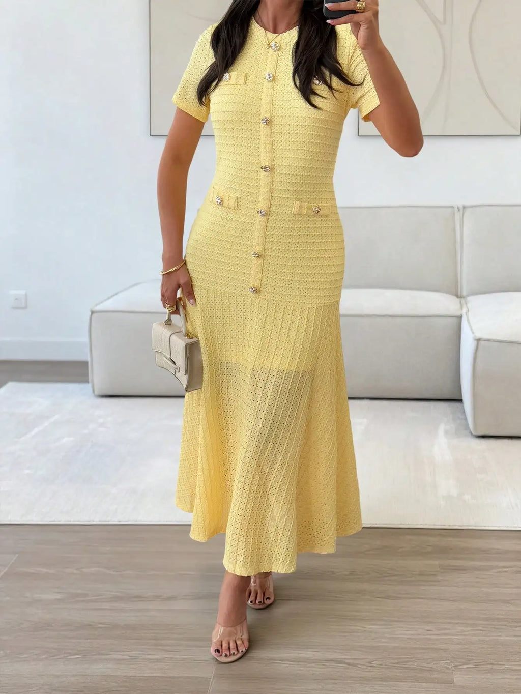 Yellow Textured Knit Midi Dress with Front Buttons and Faux Pockets Eternal Bloom Co