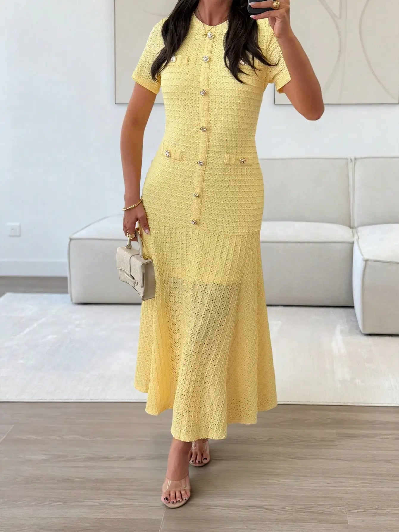 Yellow Textured Knit Midi Dress with Front Buttons and Faux Pockets Eternal Bloom Co