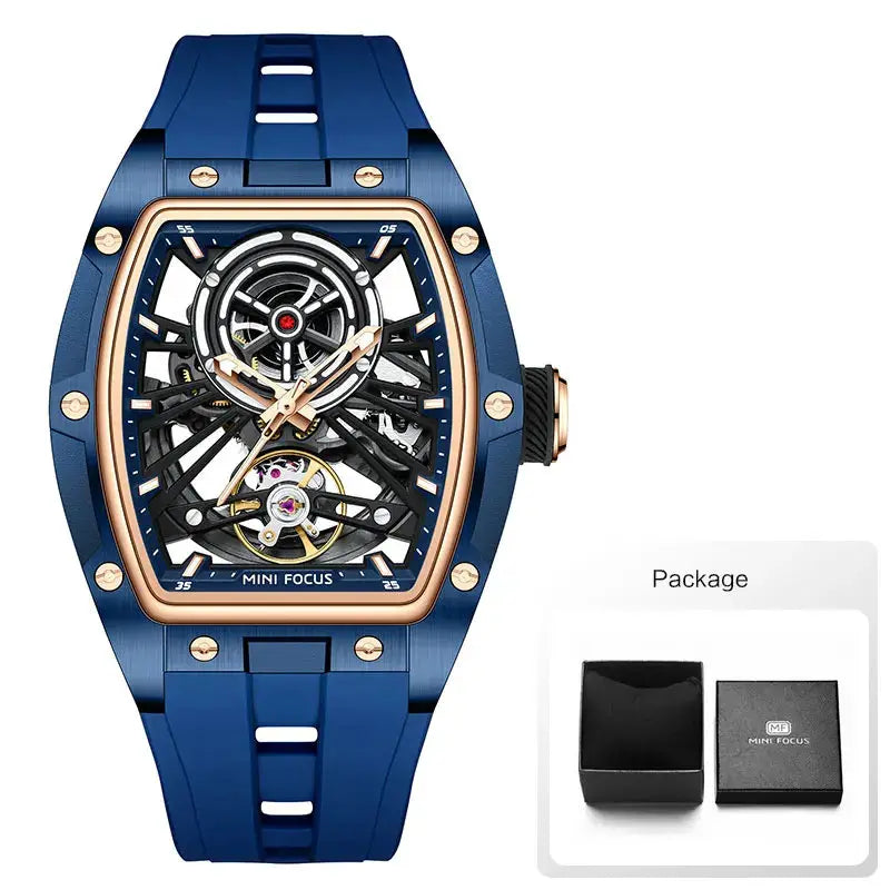 MINI FOCUS Men Wristwatch Fashion Black Waterproof Automatic Mechanical Watch with Luminous Hands Silicone Strap Tonneau Dial Eternal Bloom Co