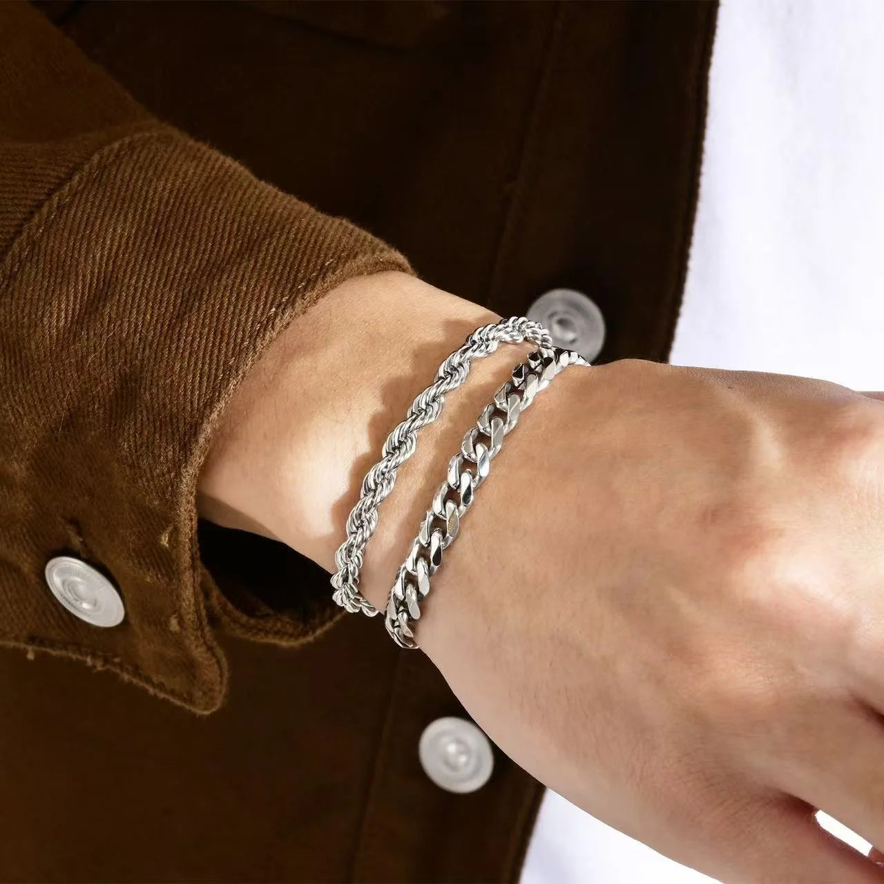 2pcs Men's Chain Bracelets,Stainless Steel Silvery Golden Black Color Twist Rope Chain Wristband,Trendy Cuban Link Chains Gift Eternal Bloom Co