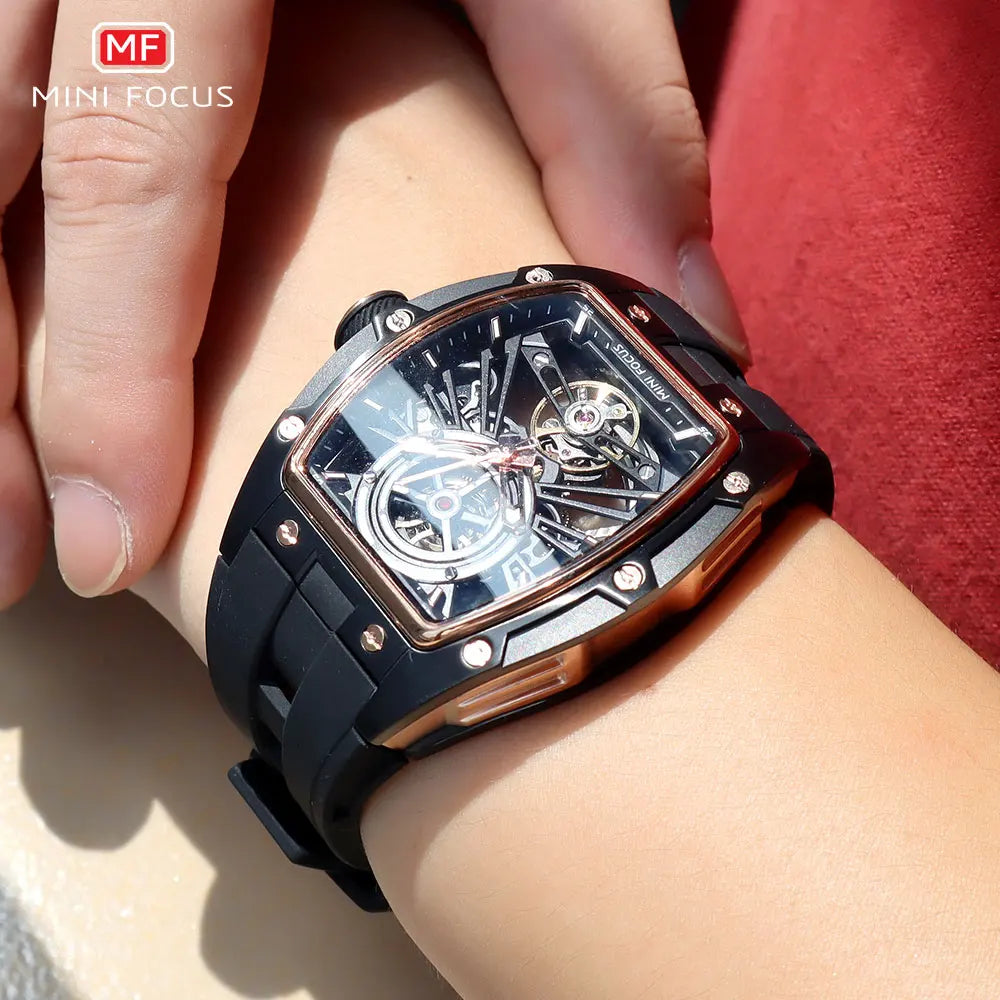MINI FOCUS Men Wristwatch Fashion Black Waterproof Automatic Mechanical Watch with Luminous Hands Silicone Strap Tonneau Dial Eternal Bloom Co