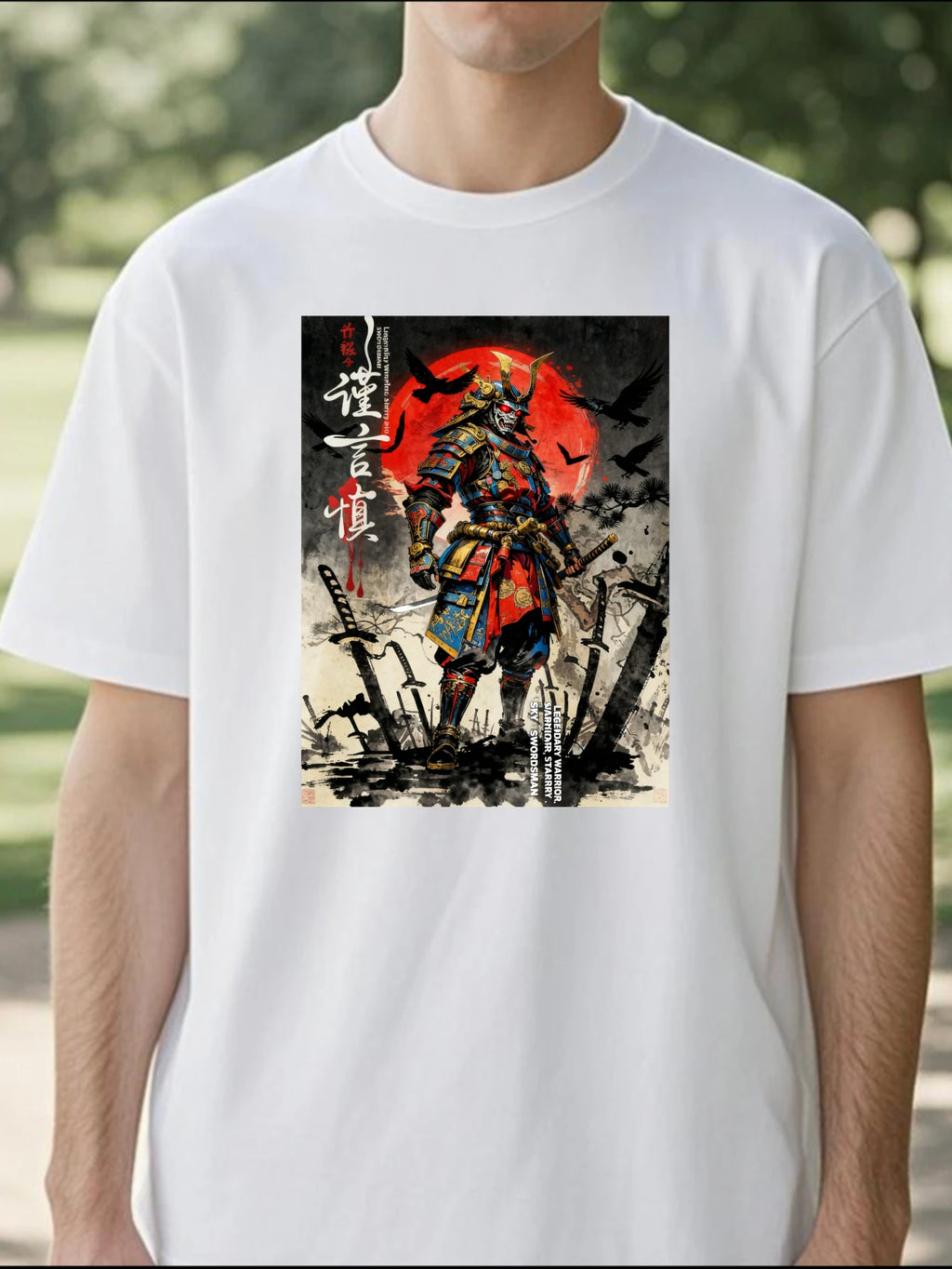 100% pure cotton short sleeved T-shirt Samurai Warrior Standing With Sword Red Moon Background Japanese Calligraphy Artwork Traditional Style Design Easy to wear and match, comfortable and fashionable, suitable for all season Eternal Bloom Co