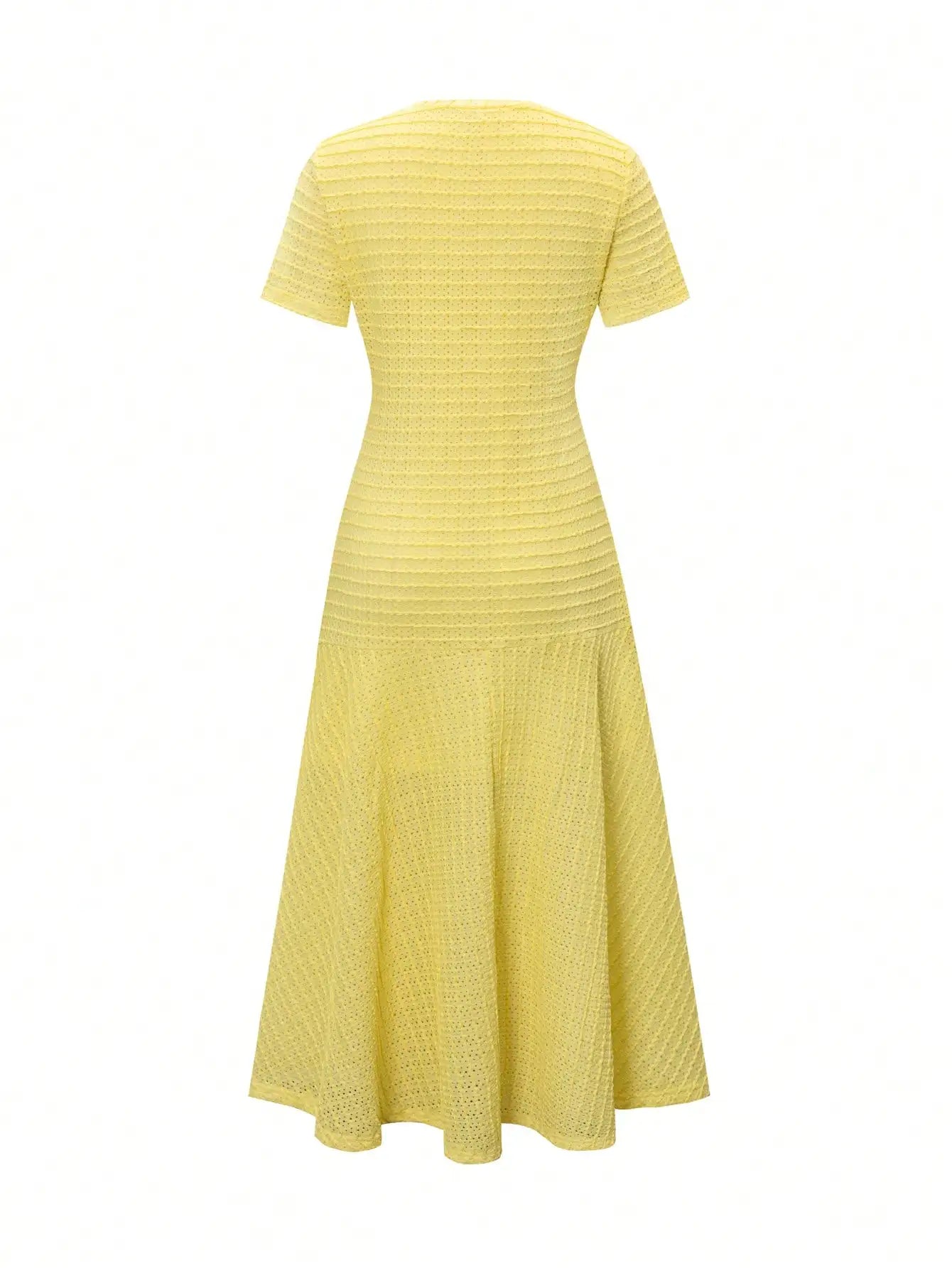 Yellow Textured Knit Midi Dress with Front Buttons and Faux Pockets Eternal Bloom Co