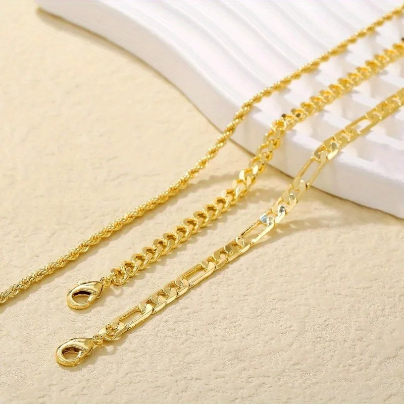 3pcs/set Flat Snake Chain Fried Dough Twists Chain Anklet Set Women's Beach Vacation Fashion Foot Jewelry Eternal Bloom Co