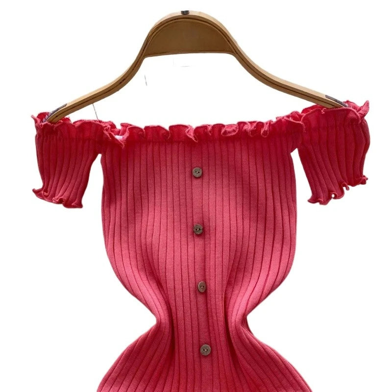 Women's Pink Off Shoulder Sundress Short Sleeve Ruffle Trim Button Stretchy Knit Bodycon Mini Dress Sweethot Summer Party Dress Eternal Bloom Co