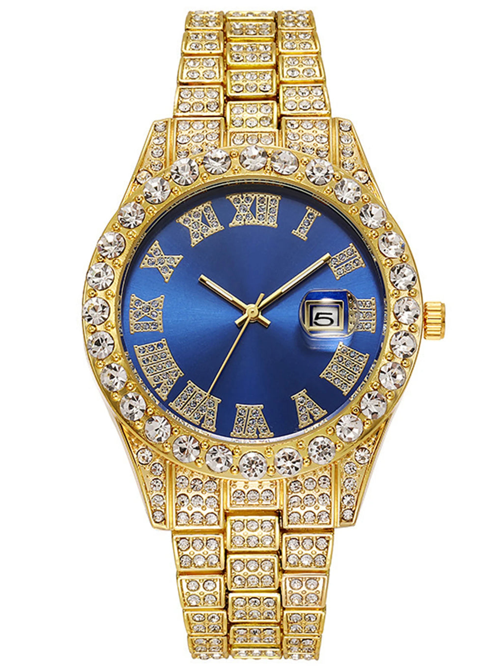 3PCS luxury alloy full diamond rhinestone mirror men's quartz watch with calendar and Hip Hop Cuban Necklace bracelet set Eternal Bloom Co