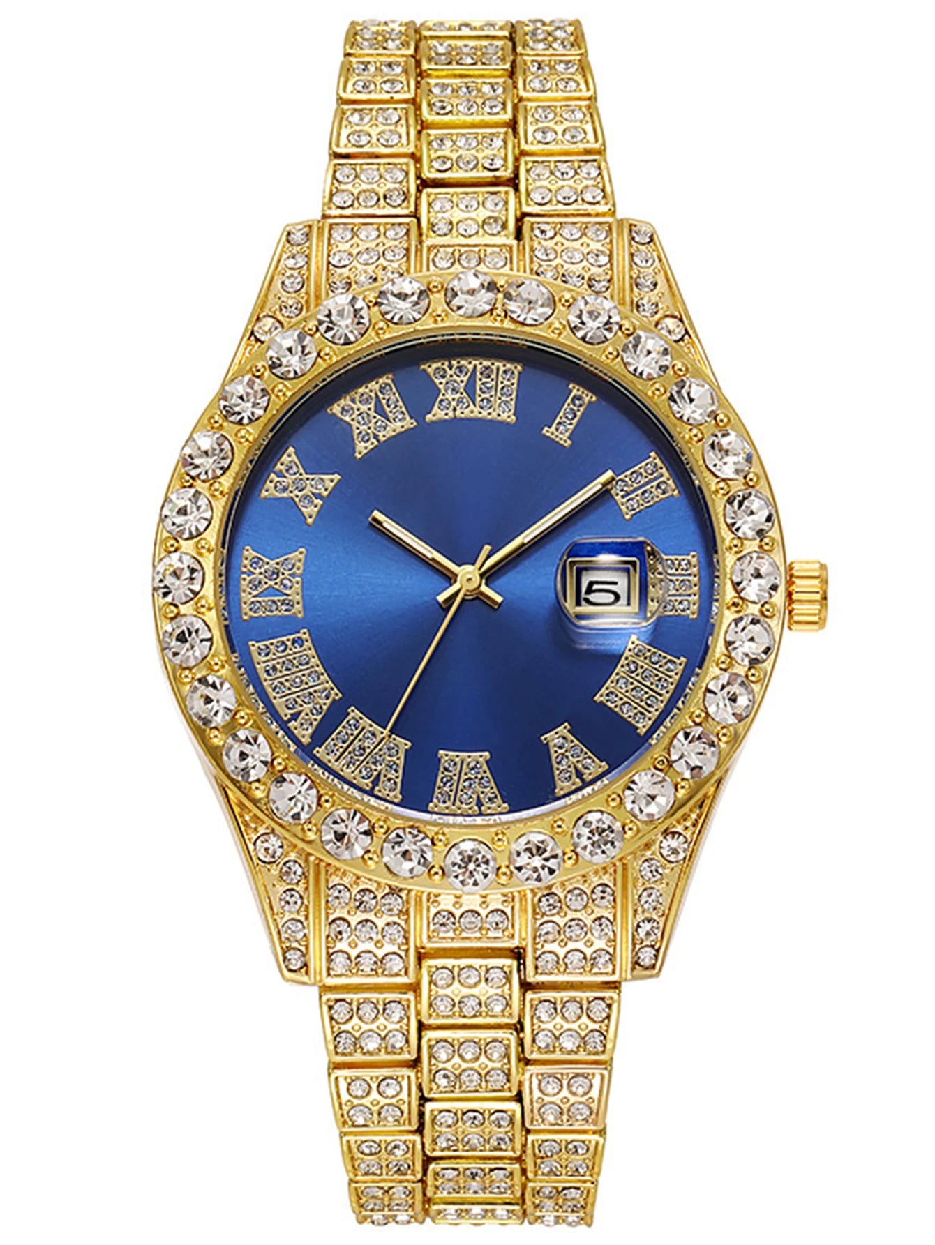 3PCS luxury alloy full diamond rhinestone mirror men's quartz watch with calendar and Hip Hop Cuban Necklace bracelet set Eternal Bloom Co