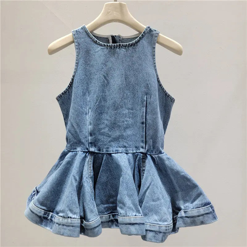 Acid Wash Denim Sleeveless Peplum Top ODMPOD
