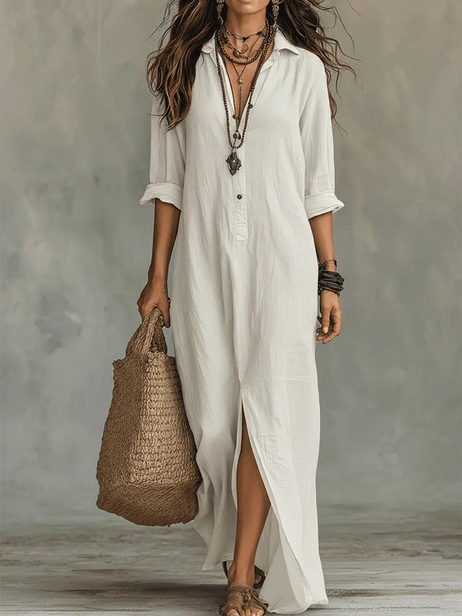 Long-sleeve Maxi Dress Casual Solid Color Lapel Collar Side Slit Beach Dresses Women's Clothing Eternal Bloom Co
