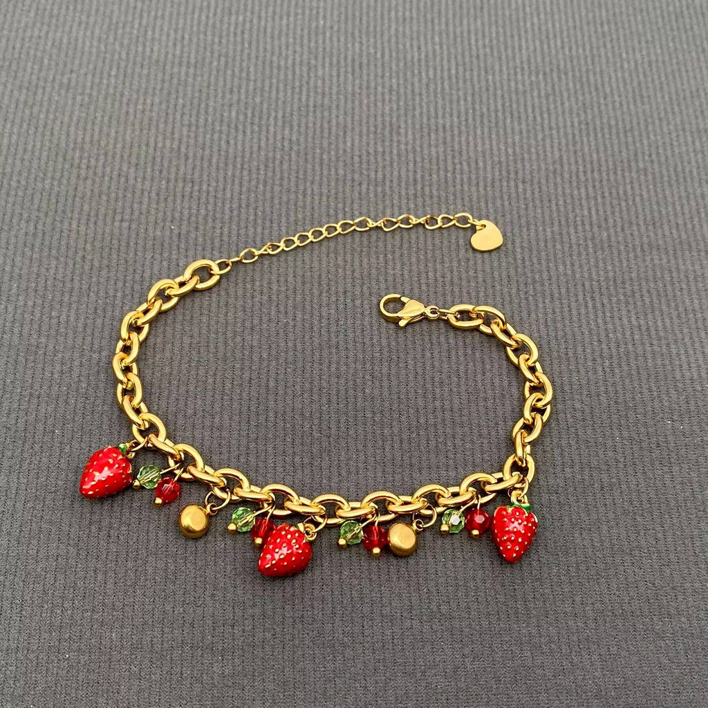 Enamel Strawberry Charm 18K Gold Plated SS Bracelet - FGS Mio Queena