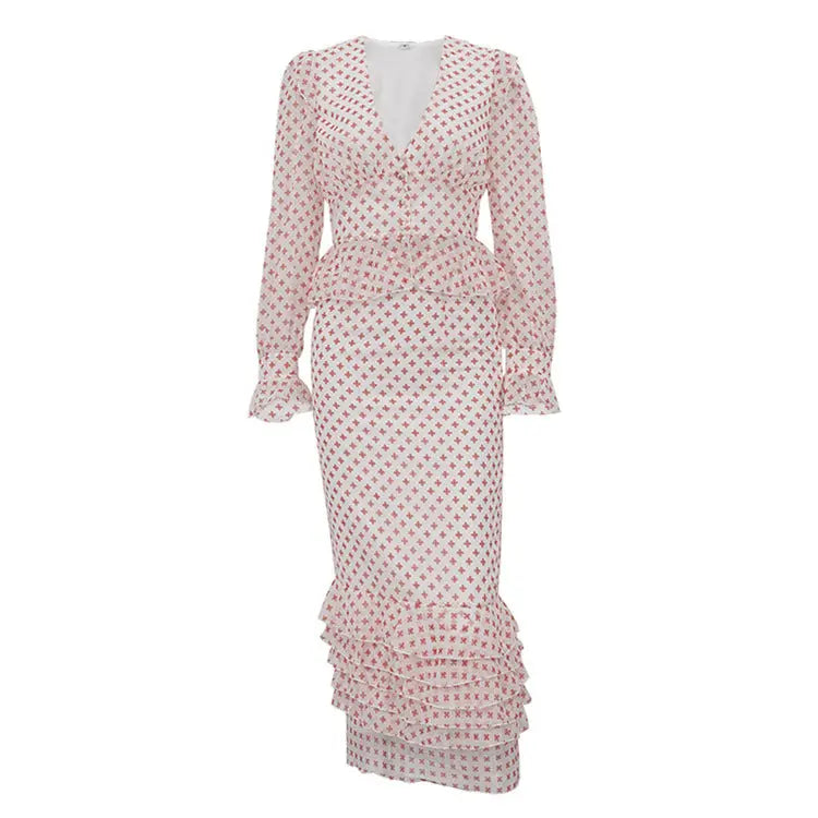 Cross Print Two-Piece Peplum Set ODMPOD