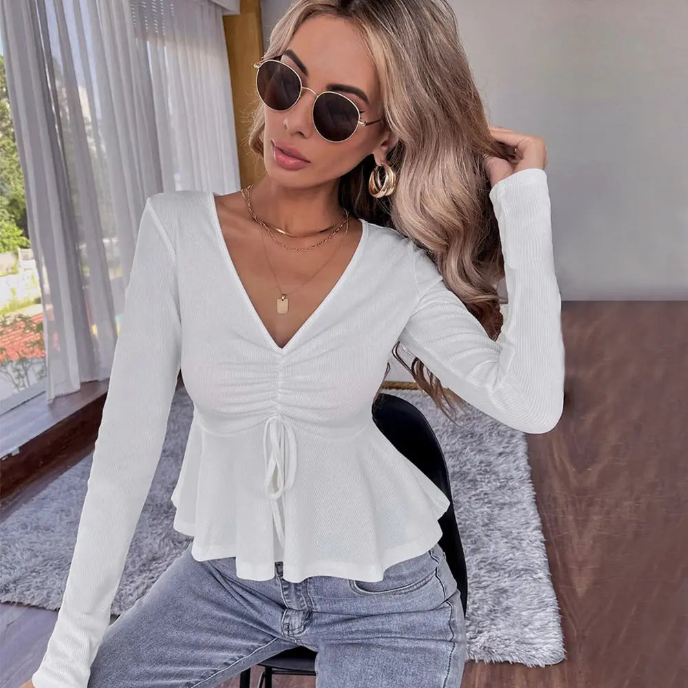 Women's V-neck Ruffled Peplum Waist-cinching Knit Long-sleeve Crop Top ODMPOD