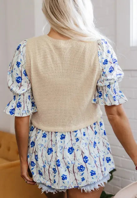 Beige Waffle Floral Patchwork Short Flounce Sleeve Peplum Blouse ODMPOD