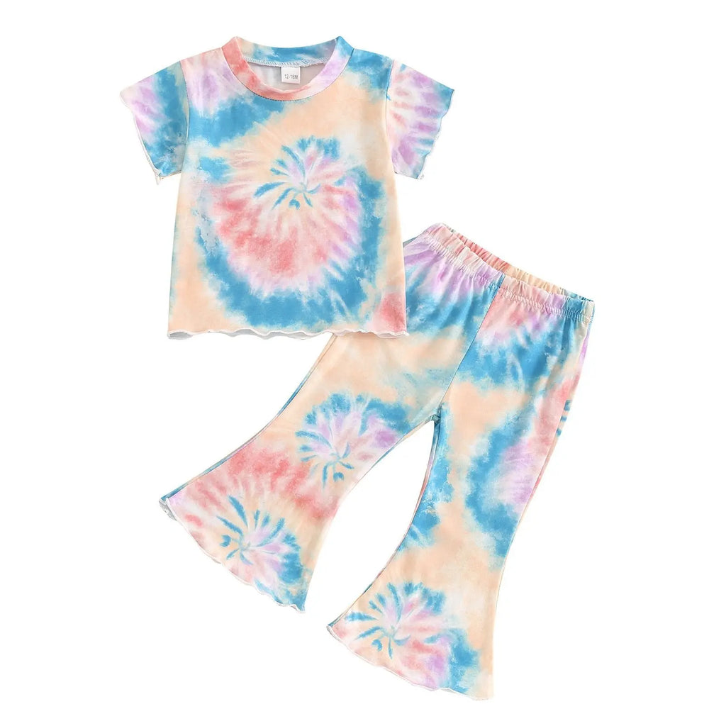 Girls' Tie-dye Peplum Top Bell-bottom Pants Suit ODMPOD