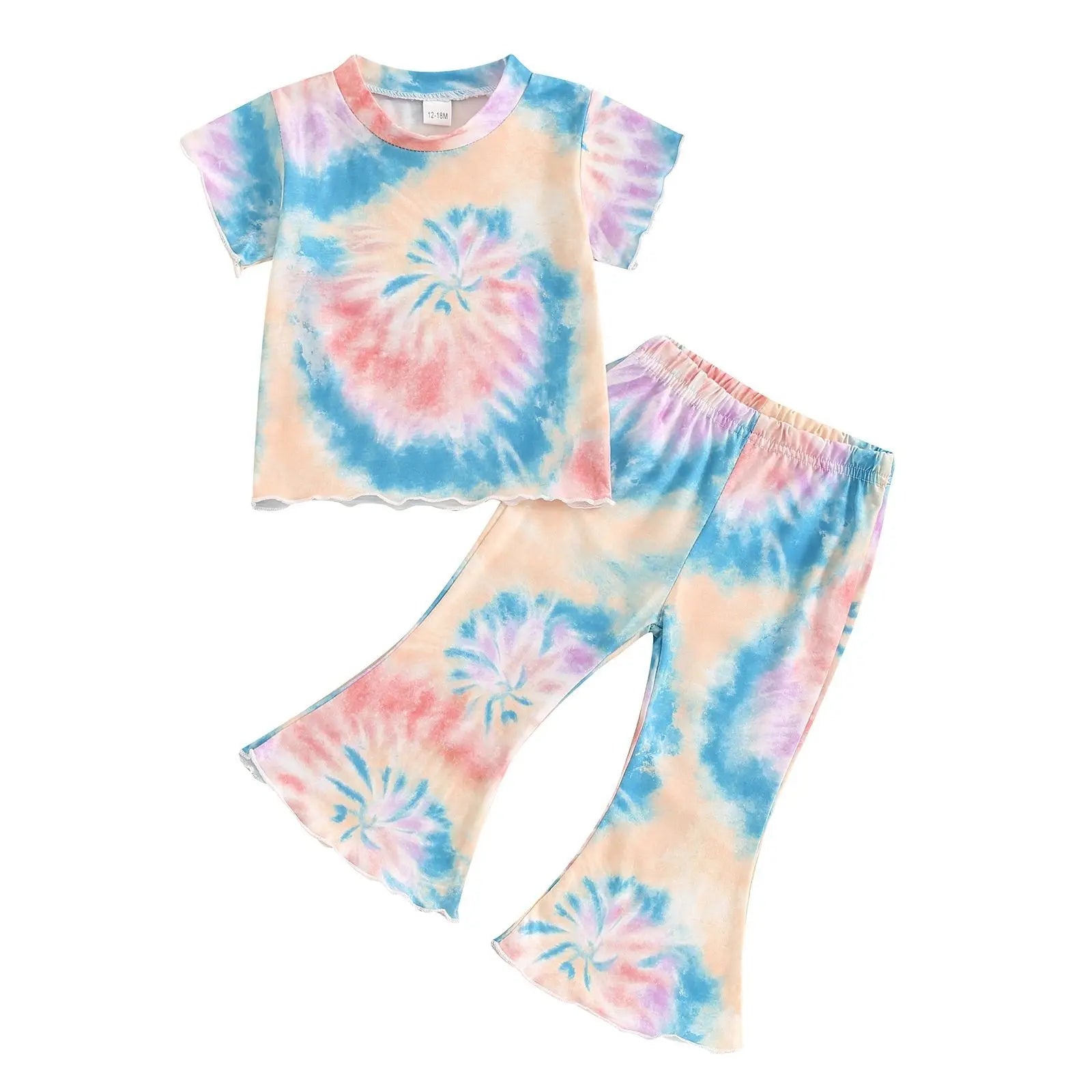 Girls' Tie-dye Peplum Top Bell-bottom Pants Suit ODMPOD