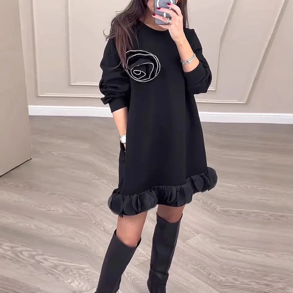 Floral Beaded Peplum Spliced Loose Sweater Dress ODMPOD