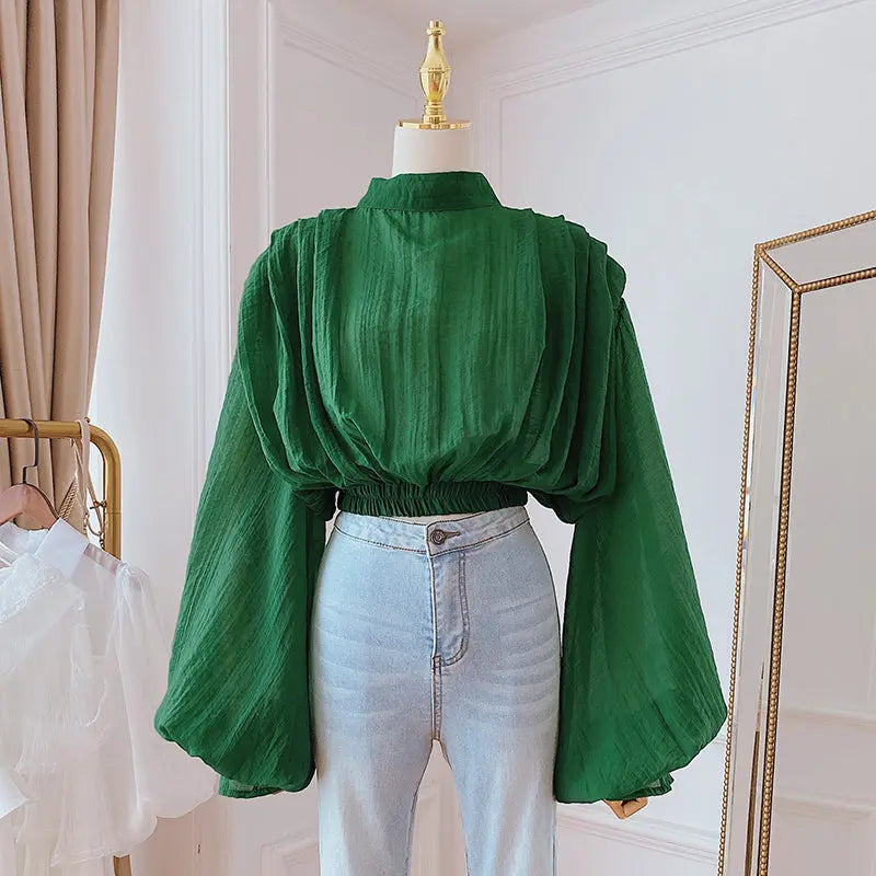 Lantern Sleeve Shirt Stand Collar Long Sleeve Peplum Top ODMPOD