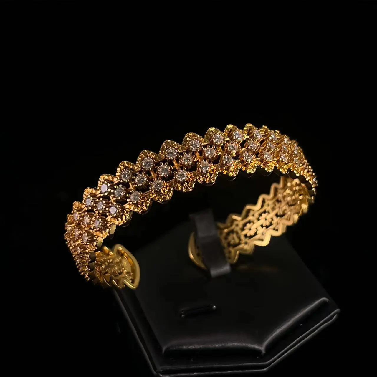 Vintage Italian 18K Gold Plated Buccellati Style Bangle, Retro Heavy Craft Full Diamond Mesh Hollow Out Lace Bracelet ODMPOD