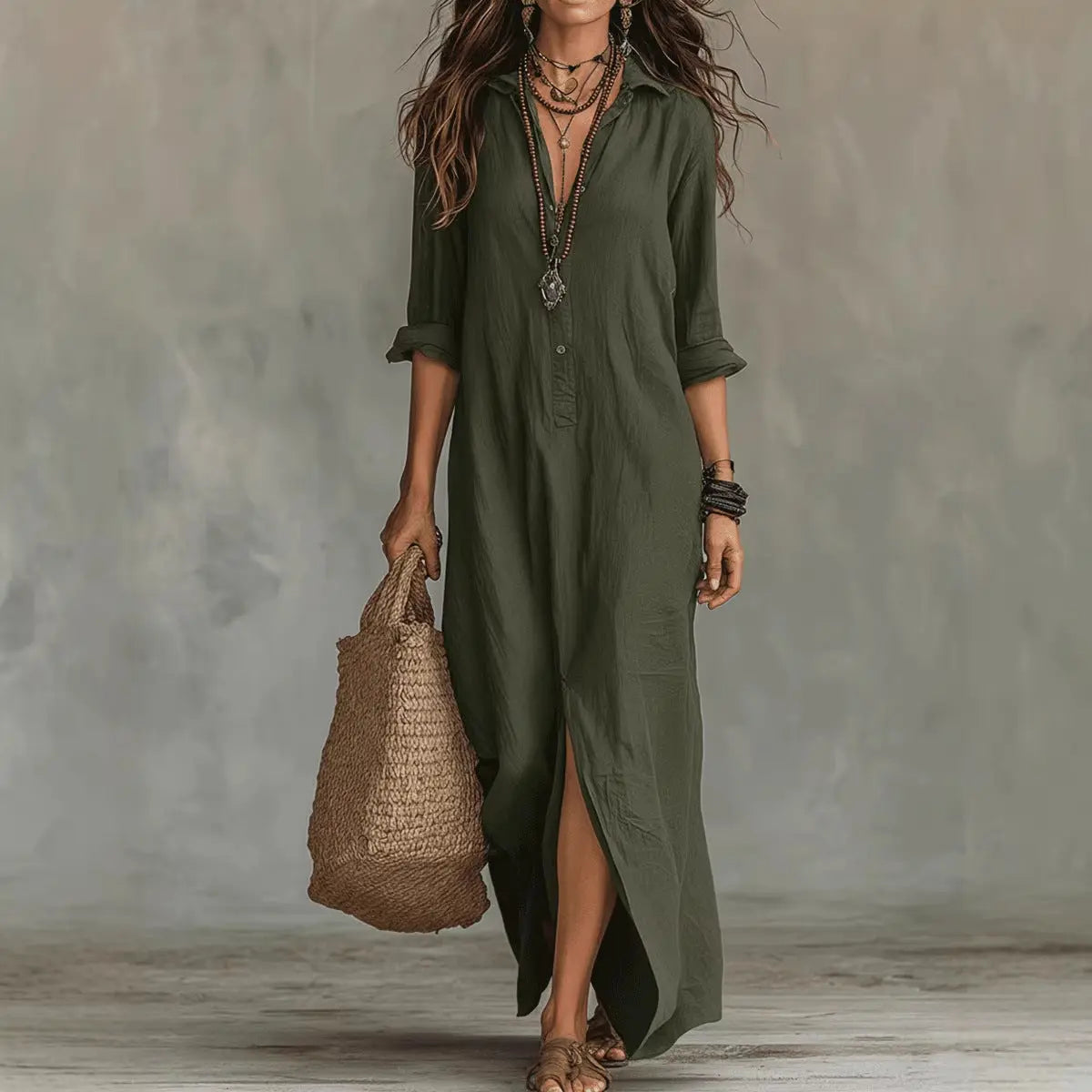 Long-sleeve Maxi Dress Casual Solid Color Lapel Collar Side Slit Beach Dresses Women's Clothing Eternal Bloom Co