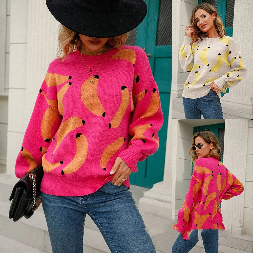 Fruit Pattern Dropped Shoulder Knit Pullover ODMPOD