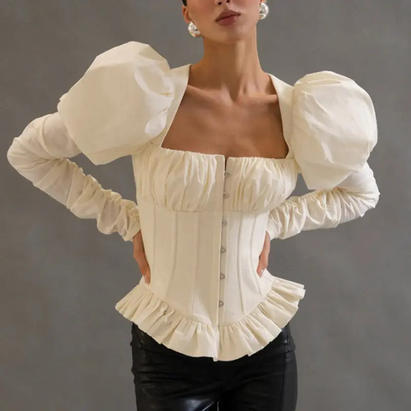 Square Neck Puff Sleeve Corset Peplum Top ODMPOD