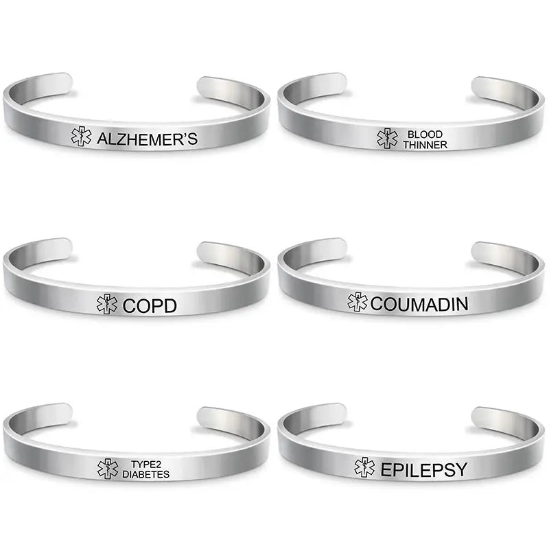 Fashion Silver Plated Medical Alert Cuff Bracelet EPILEPSY Diabetic Allergy Stainless Steel Bangle For Women Men ODMPOD