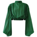 Lantern Sleeve Shirt Stand Collar Long Sleeve Peplum Top ODMPOD