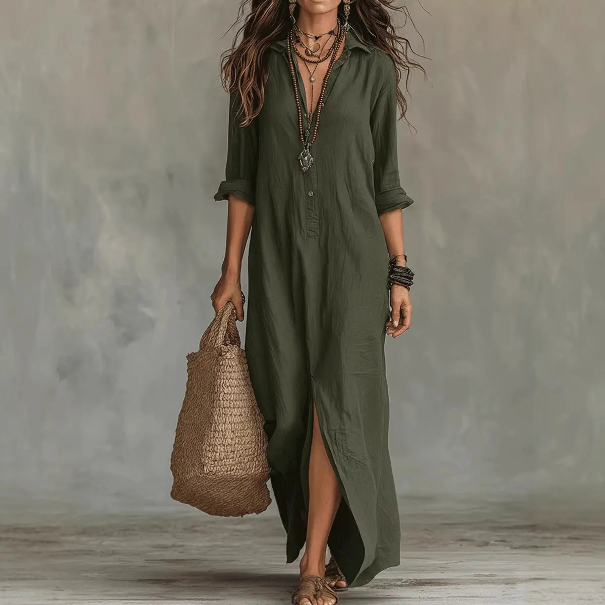Long-sleeve Maxi Dress Casual Solid Color Lapel Collar Side Slit Beach Dresses Women's Clothing Eternal Bloom Co