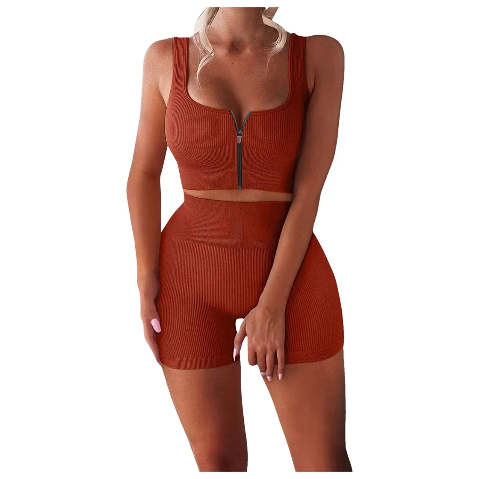 Two-piece Suit Ribbed Zipper Tank Top High Waist Shorts Yoga Suit ODMPOD