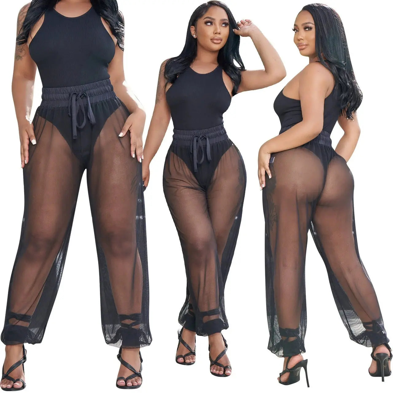 Hole-ribbed Tank Top And Mesh Pants Two-piece Set ODMPOD