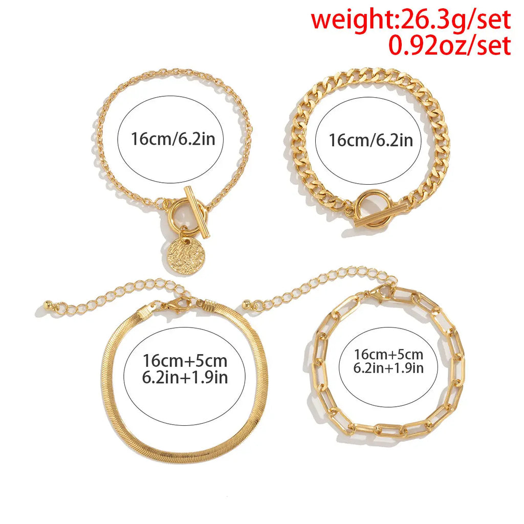 Punk Metal Chain Bracelet 4-Piece Set  Hollow Geometric Flat Snake Bone Cuff  Edgy Hip-Hop Jewelry In Gold & Silver ODMPOD