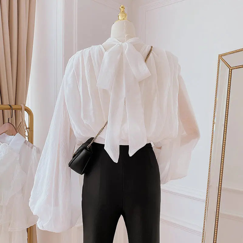 Lantern Sleeve Shirt Stand Collar Long Sleeve Peplum Top ODMPOD