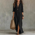 Long-sleeve Maxi Dress Casual Solid Color Lapel Collar Side Slit Beach Dresses Women's Clothing Eternal Bloom Co